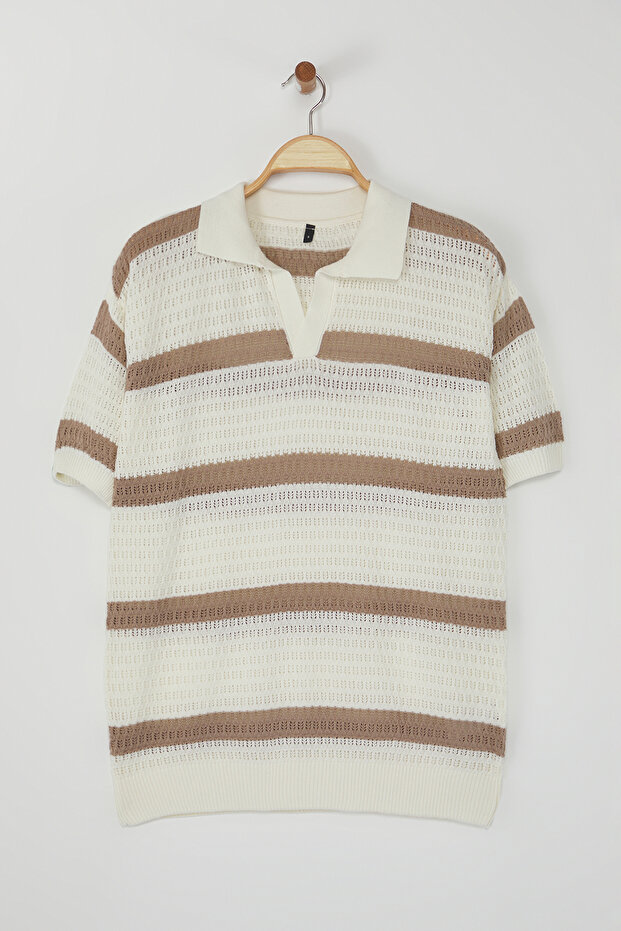 Ekru Regular Polo Yaka Çizgili Triko Polo Yaka T-shirt TMNSS24PO00004 - 3