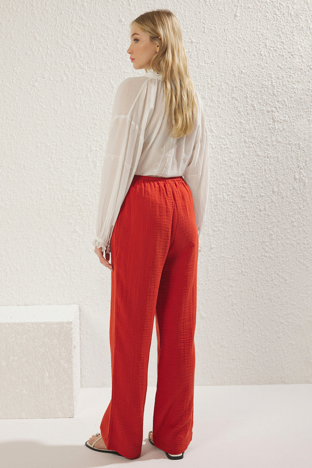 Koyu Kırmızı Müslin Beli Lastikli İnce Kumaş Wide Leg/Geniş Paça Dokuma Pantolon TWOSS25PL00067 - 7
