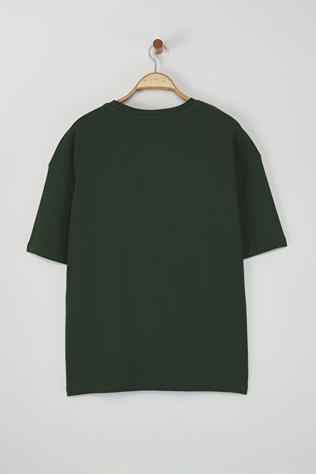 Haki Oversize/Geniş Kesim Etiket İşlemeli Dokulu Tok Kumaş T-shirt TMNSS23TS00074 - 9