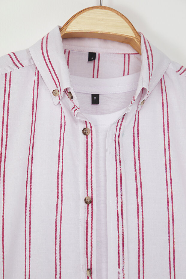 Bordo*001 Slim Fit Düğmeli Yaka İnce Çizgili Gömlek TMNSS20GO0092 - 5