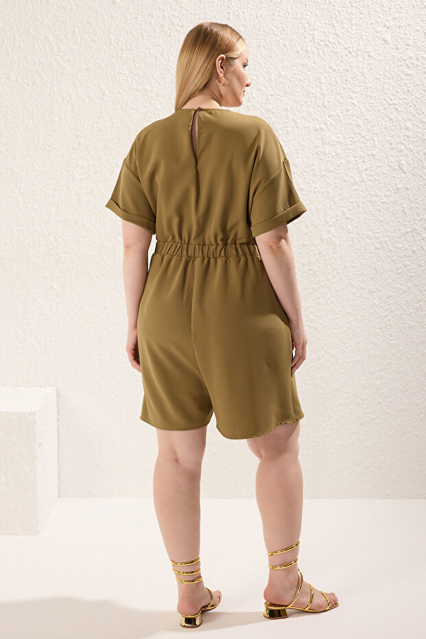 Khaki Dwurzędowy Kombinezon z Kołnierzykiem Tkany Plus Size Tbbss25Bg00006 - 5