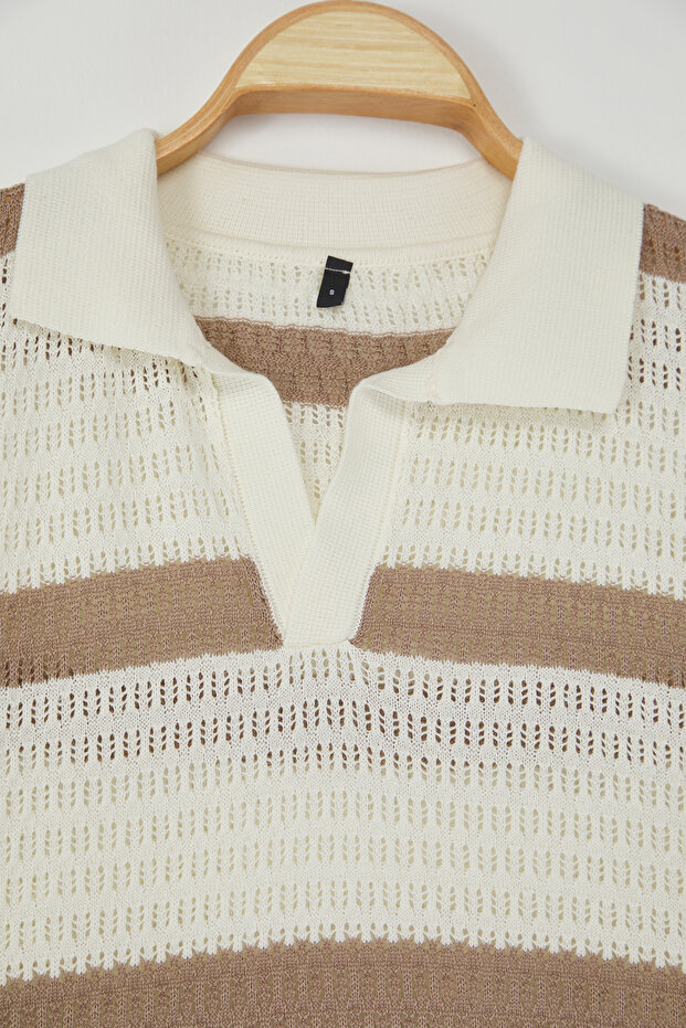 Ekru Regular Polo Yaka Çizgili Triko Polo Yaka T-shirt TMNSS24PO00004 - 4