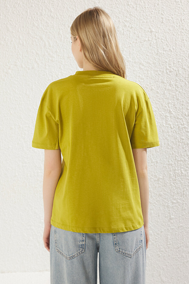 Yağ Yeşili-Açık Taş 2'li Paket %100 Pamuk Basic Dik Yaka Örme T-Shirt TWOSS20TS1500 - 6