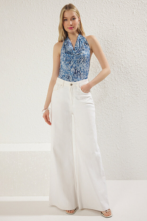 Blue Abstract Printed Degaje Collar Body Fitted Stretchy Knitted Body with Snaps at Bottom Twoss25Bd00009 - 2