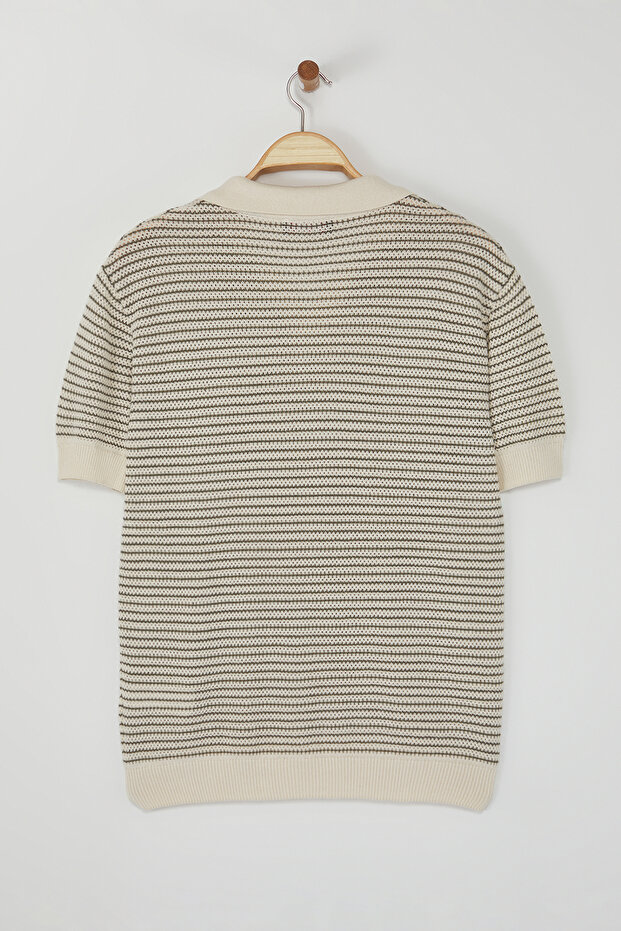 Bej - Haki Çizgili Relaxed Kısa Kol Polo Yaka Triko T-shirt TMNSS23PO00026 - 6