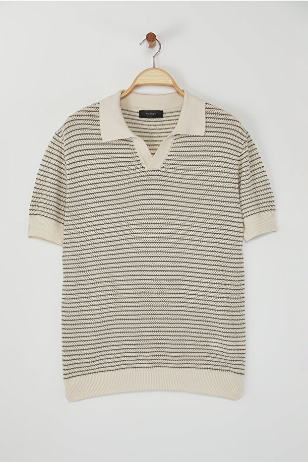 Bej - Haki Çizgili Relaxed Kısa Kol Polo Yaka Triko T-shirt TMNSS23PO00026 - 3