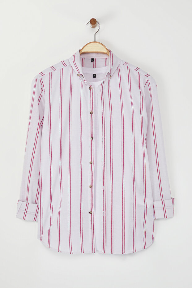 Bordo*001 Slim Fit Düğmeli Yaka İnce Çizgili Gömlek TMNSS20GO0092 - 4