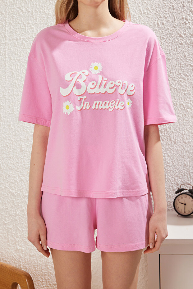 Pembe %100 Pamuklu Sloganlı Şortlu Örme Pijama Takımı THMSS25PT00244 - 3