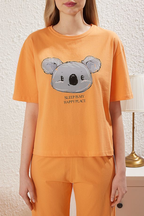 Turuncu %100 Pamuklu Koala Baskılı Örme Pijama Takımı THMSS23PT00134 - 4