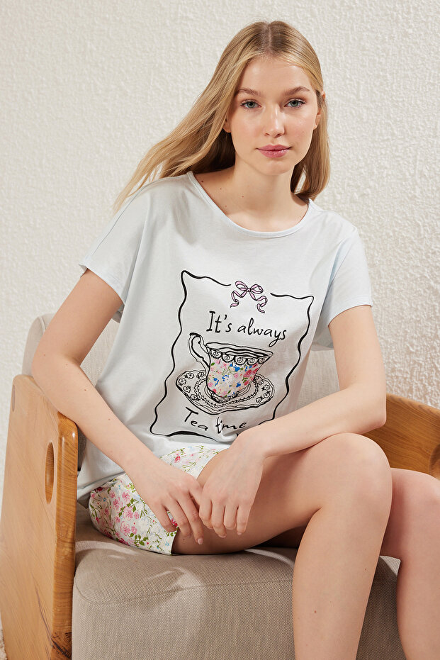 Mavi %100 Pamuklu Çiçekli Şortlu Örme Pijama Takımı THMSS25PT00184 - 2