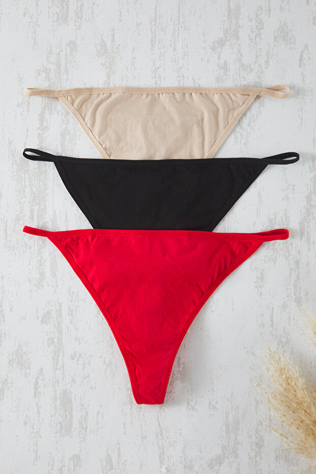 Siyah-Ten-Kırmızı 3'lü Paket Pamuklu String Örme Esnek Büyük Beden Külot TBBAW23CM00002 - 3
