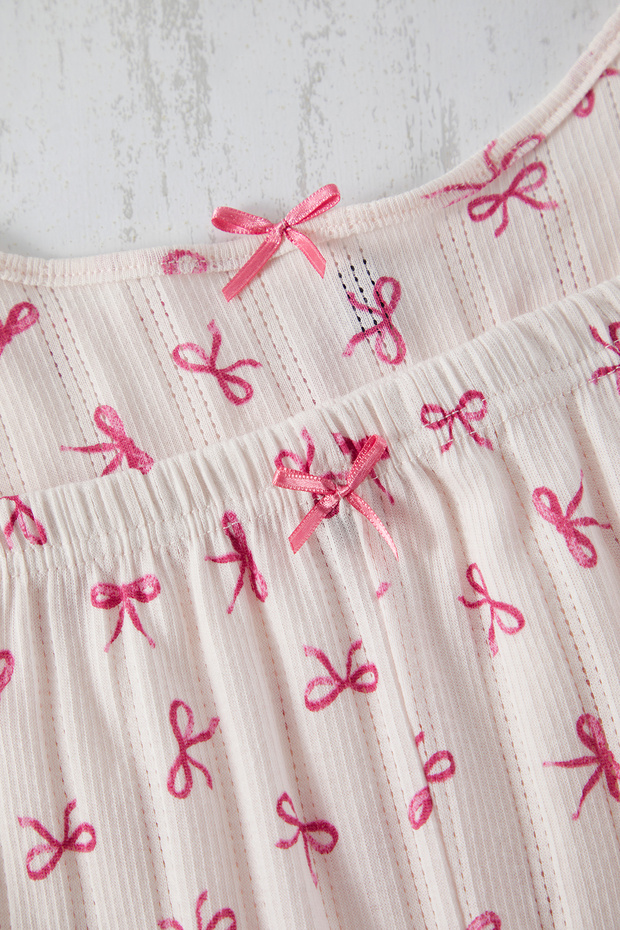 Rosafarbenes, durchbrochenes, gestricktes Pyjama-Set mit Schleifenmuster - 10