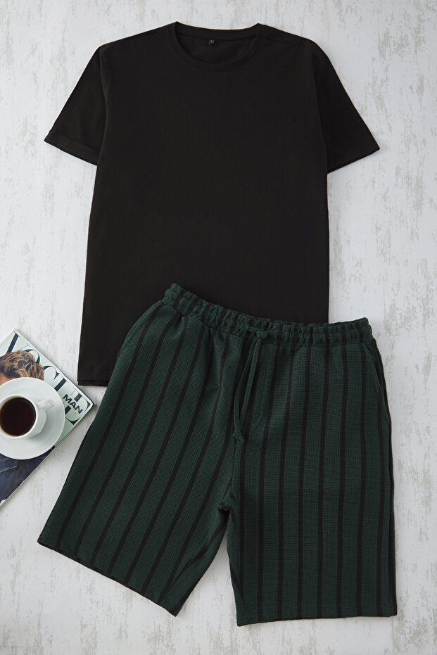 Siyah - Yeşil Regular Fit Çizgili Örme Pijama Takımı TMNSS25PT00029 - 1