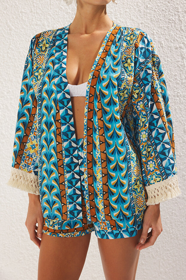 Etnik Desenli Dokuma Püskül Yüksek Bel %100 Pamuk Plaj Mini Kimono-Şort Takım TBESS25AU00017 - 3