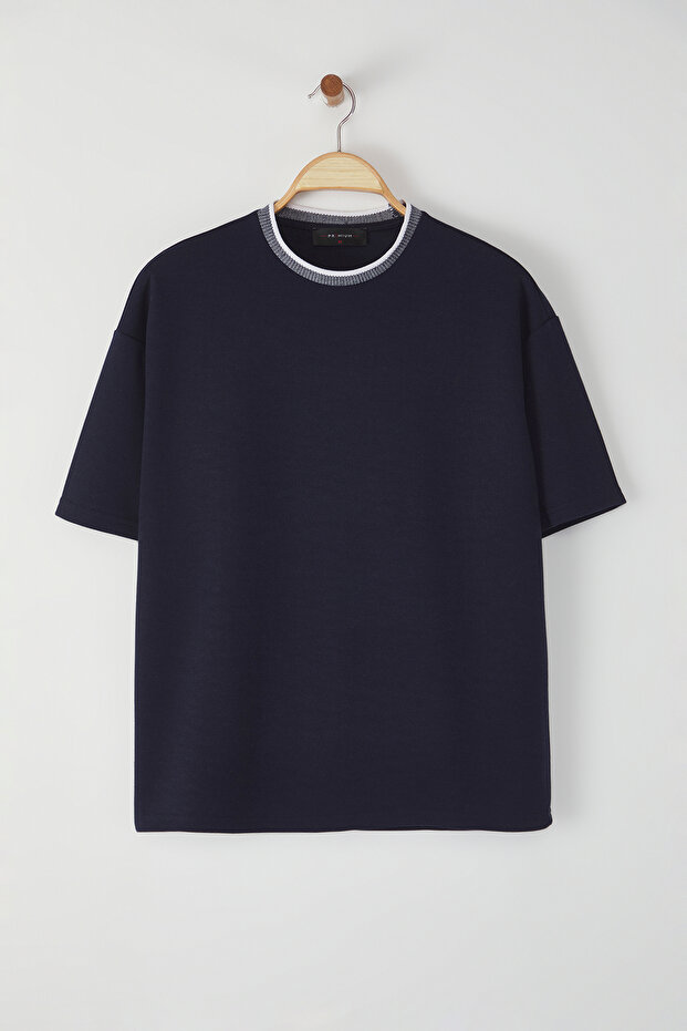 Lacivert Oversize/Geniş Kesim Triko Bantlı Dokulu Pike T-Shirt TMNSS23TS00079 - 11