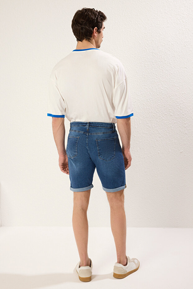 Indigo Slim Fit Tırmık Destroylu Denim Kot Şort TMNSS21SR0727 - 6