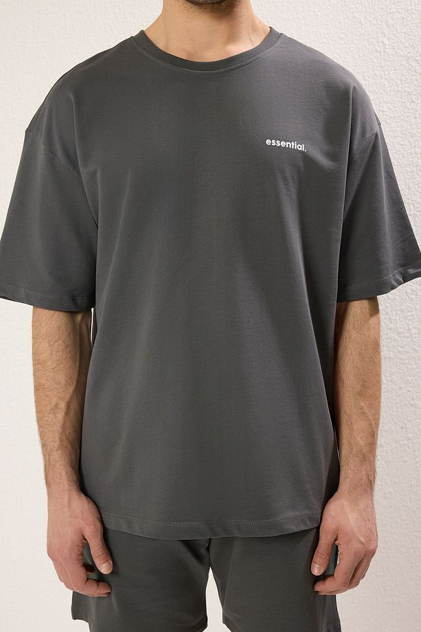Antrasit Eşofman Takımı Oversize Yazı Baskılı %100 Pamuklu TMNSS24EM00003 - 5
