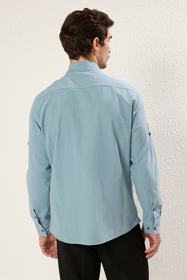 Mavi Düğmeli Yaka Apoletli Slim Fit %100 Pamuklu Keten Görünümlü Gömlek TMNSS20GO0189 - 5