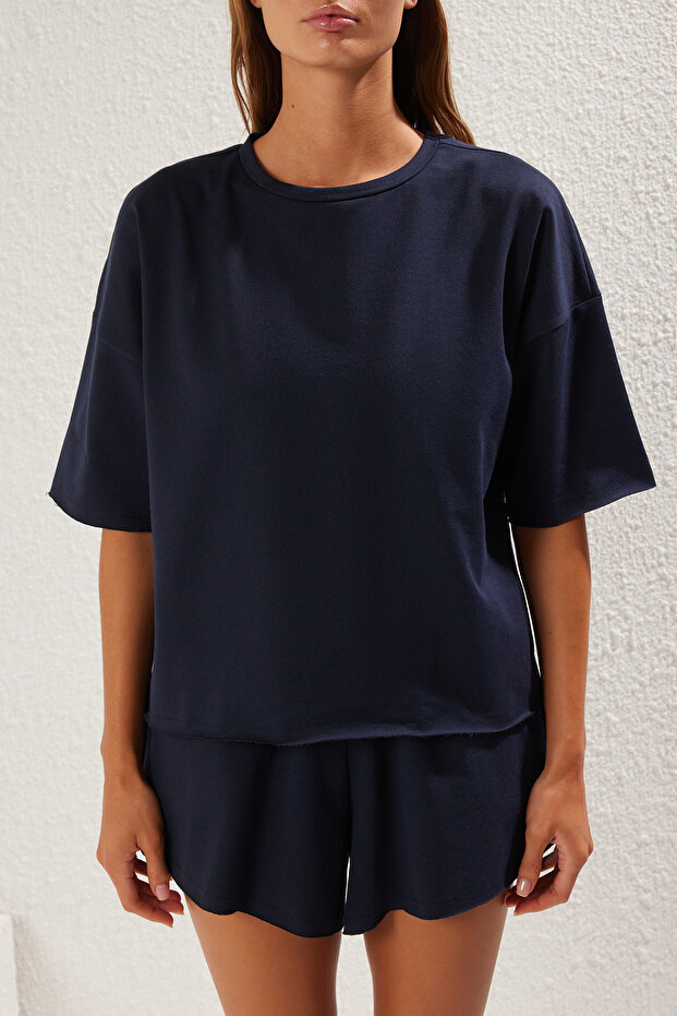 Lacivert Oversize/Geniş Kalıp İnce Esnek Şort T sihrt Örme Alt-Üst Takım TWOSS25AU00013 - 3