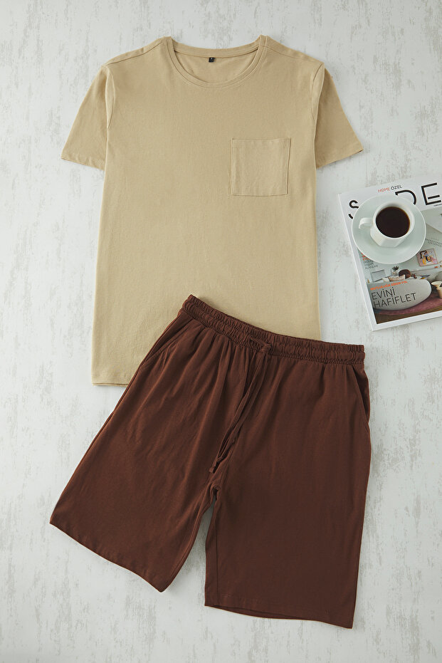 Bej - Kahve Regular Fit %100 Pamuk Örme Şortlu Pijama Takımı TMNSS25PT00033 - 3