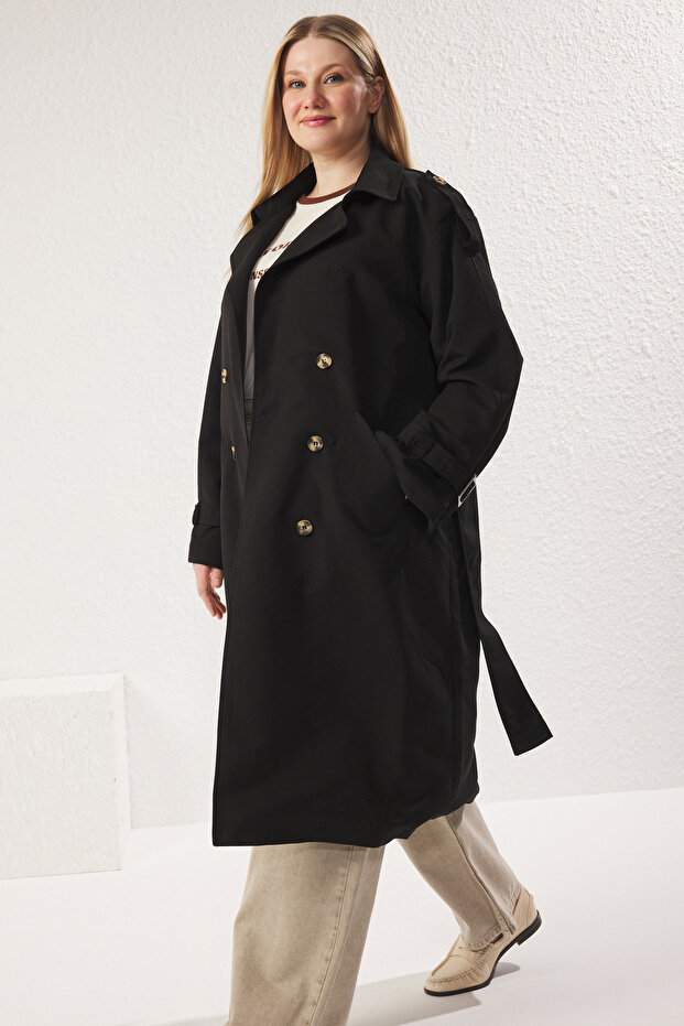 Siyah Oversize Geniş Kesim Kuşaklı Su İtici Uzun Trençkot TWOSS21TR0005 - 8
