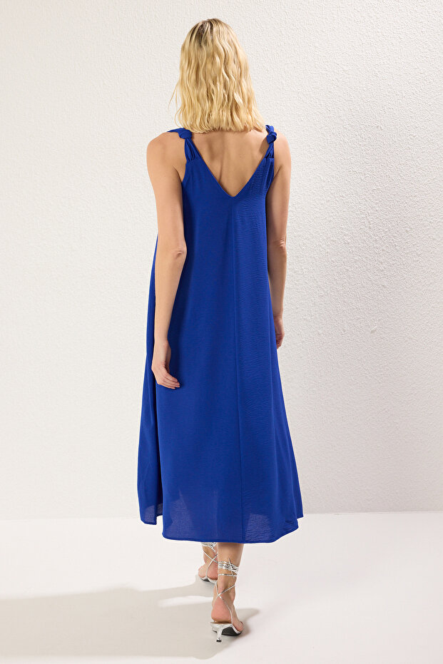 Saks Rahat Kesim V Yaka Midi Dokuma Elbise TWOSS23EL00882 - 5