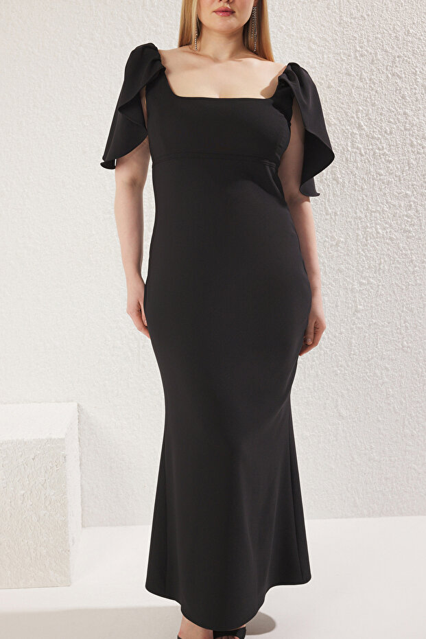 Siyah Karpuz Kollu Maxi Dokuma Party Büyük Beden Elbise TBBSS25AH00148 - 3