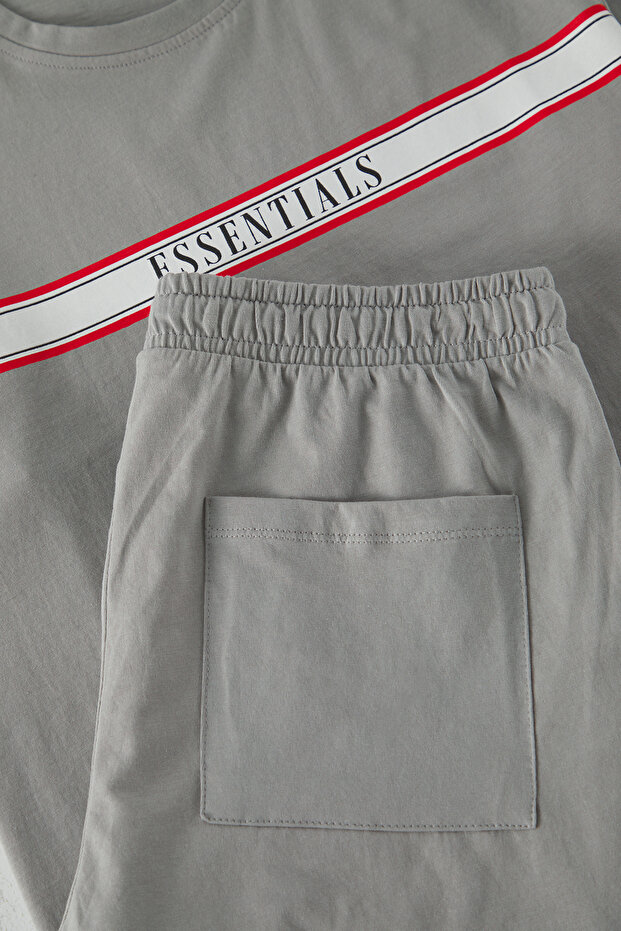Gri Regular Fit Baskılı Şortlu Örme Pijama Takımı TMNSS25PT00016 - 7