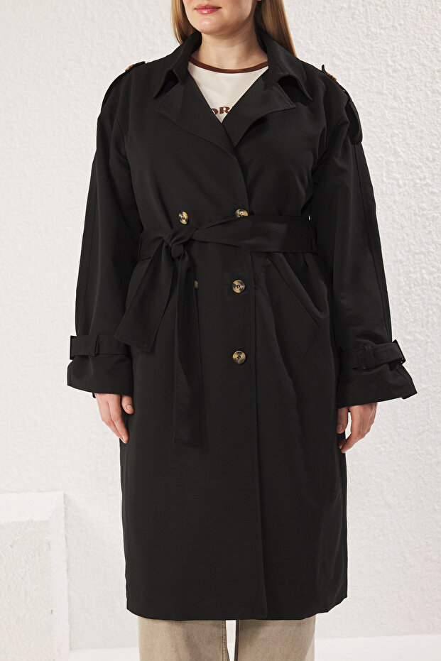 Siyah Oversize Geniş Kesim Kuşaklı Su İtici Uzun Trençkot TWOSS21TR0005 - 9