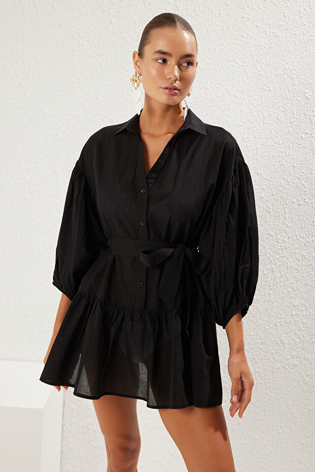 Czarna Mini Sukienka Plażowa z Rękawami Balonowymi - Tbess25El00034 - 2