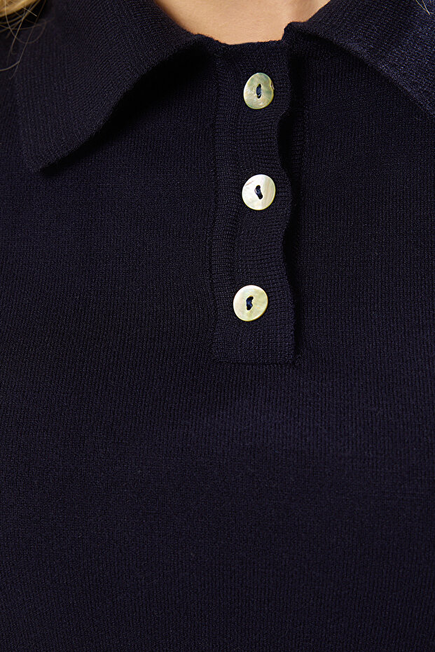 Lacivert Premium İplik/Özel İplik Polo Yaka Triko Bluz TWOSS25BZ00184 - 4