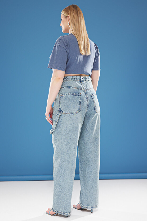 Açık Mavi Beli Ayarlanabilir %100 Pamuk Non-Stretch Büyük Beden Baggy Jean TBBAW25CJ00034 - 5