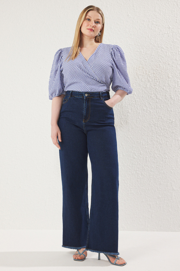 Koyu Mavi Yüksek Bel Pis Uç Detaylı Geniş Paça Comfort Büyük Beden Wide Leg Jeans TBBSS23CJ00009 - 1