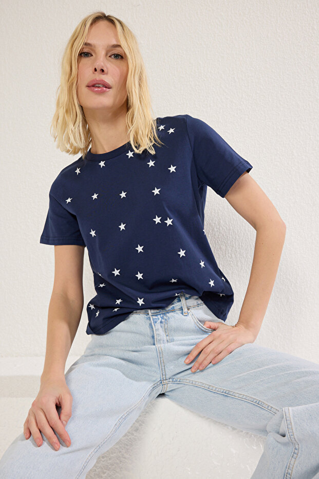Lacivert Kalın Pamuklu Varak Yıldız Baskılı Regular/Normal Kalıp Örme T-Shirt TWOSS20TS0757 - 1