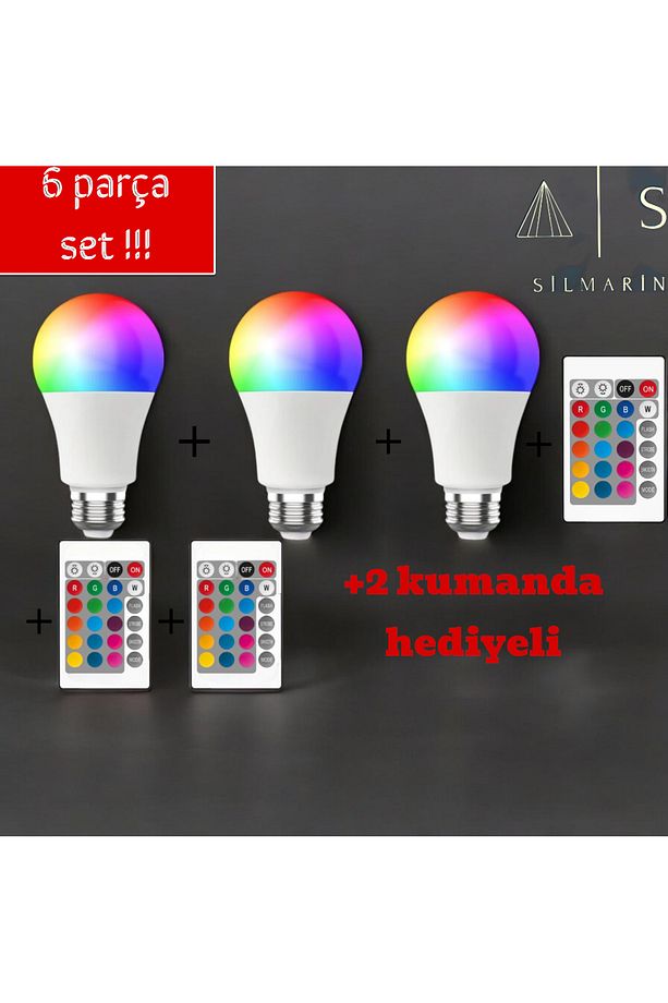 3Lü Tek Kumandadan Kontrol Edilebilen 16 Renkli 4 Modlu Her Renk Yanan Led Ampul +2 KUMANDA HEDİYELİ - 1
