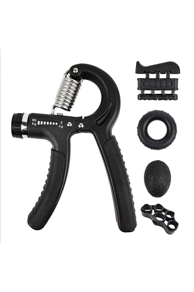 Hand Grip Strengthener Set of 5 - Finger Trainer, Stretch Band, Resistance Ring, Exercise Ball