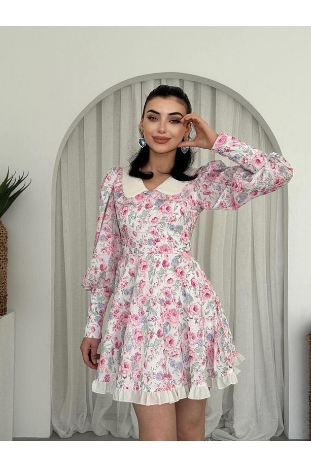 Bebe Yaka Mini Çiçekli Cadis Elbise - 3
