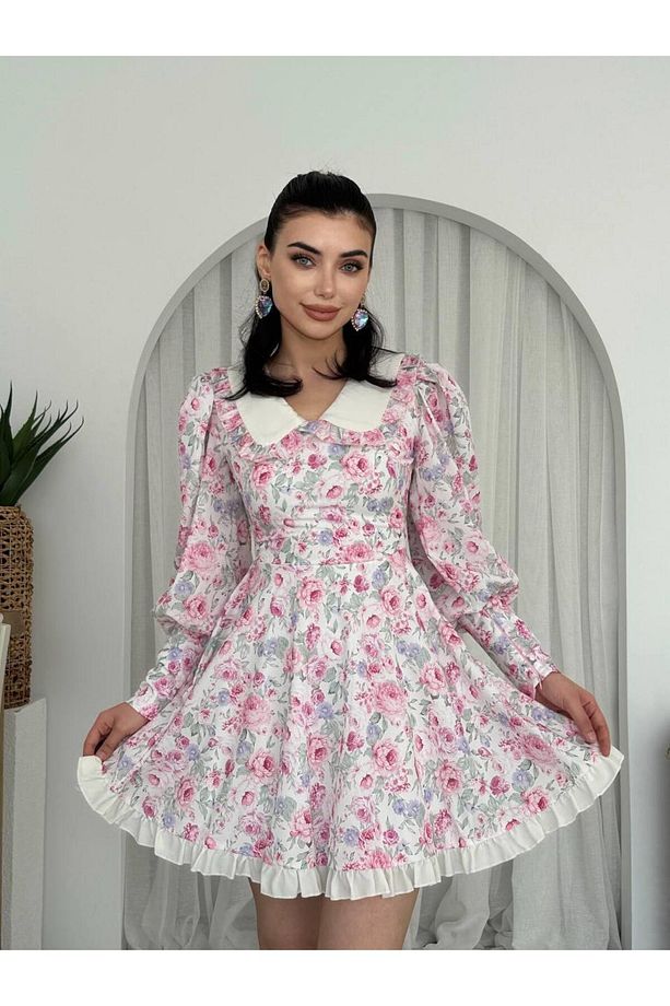Bebe Yaka Mini Çiçekli Cadis Elbise - 7
