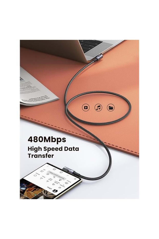 USB-C 60W 3A QC PD ÇİFT TARAFI 90 DERECE ÖRGÜLÜ HIZLI ŞARJ KALOSU 1 MT SİYAH 70529 - 3