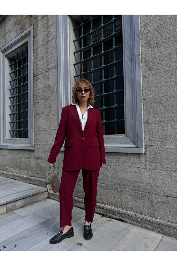Belted Carrot Trousers-Padded Blazer Jacket 2-Piece Set