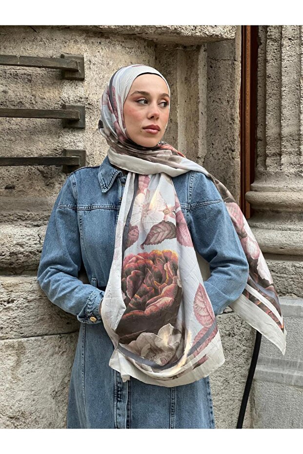 Gül Desen Bambu Şal - 1