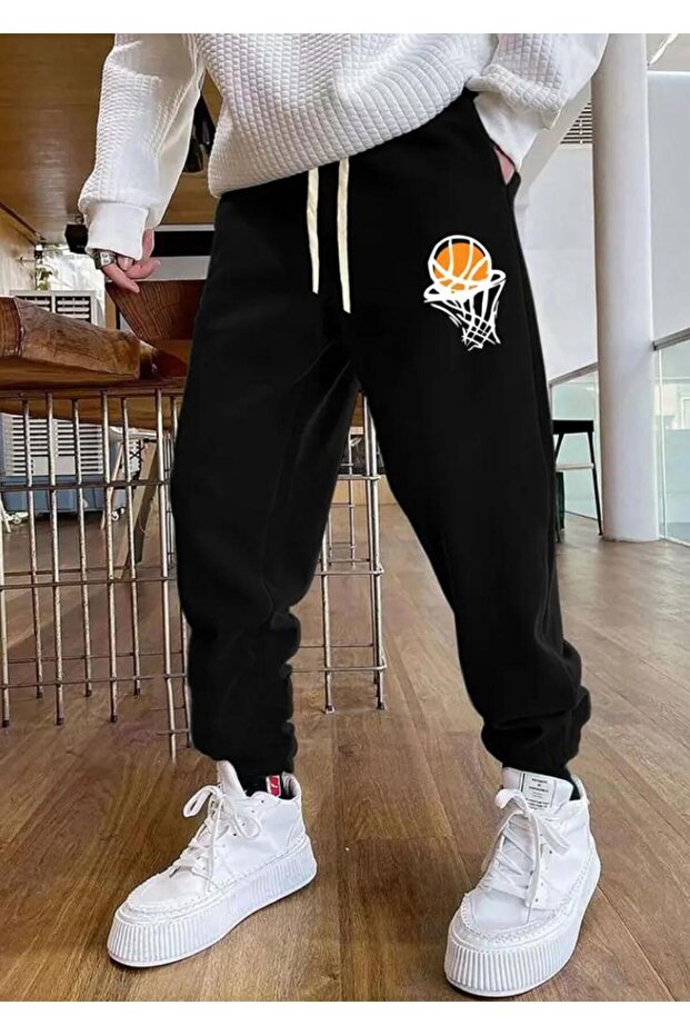 Men's Basketball Ladle Printed Jogger Leg Elastic Comfortable Fit Black Sweatpants