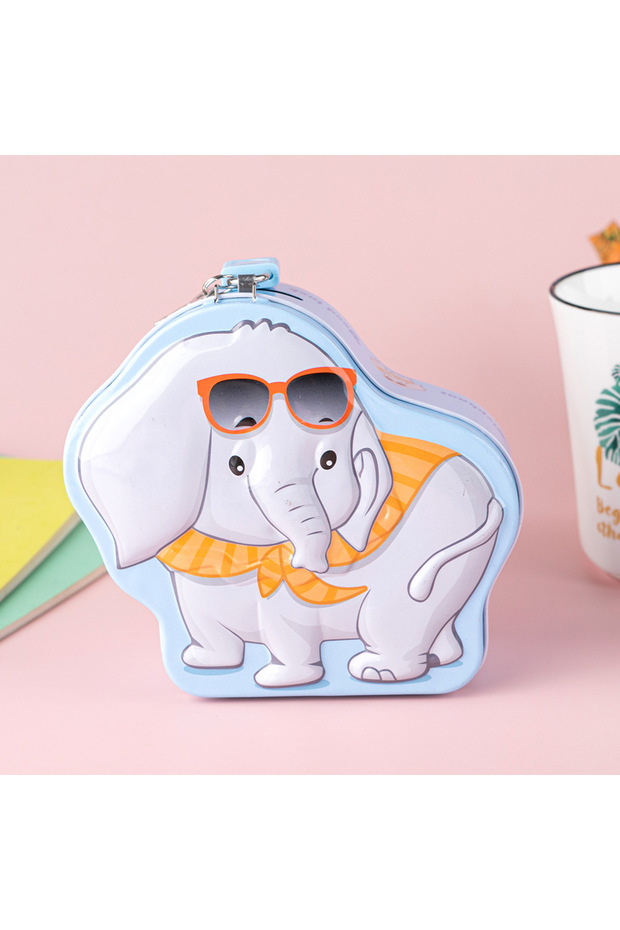 Cute Elephant Metal Piggy Bank with Bag and Lock, Blue, 17X16-