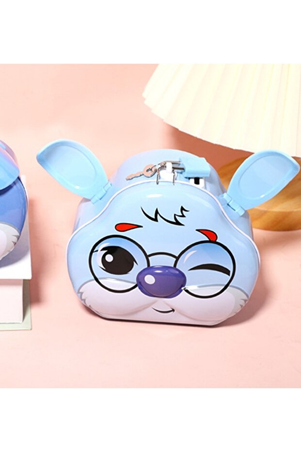 Metal Piggy Bank with Rabbit Bag and Lock, Blue, 14X12