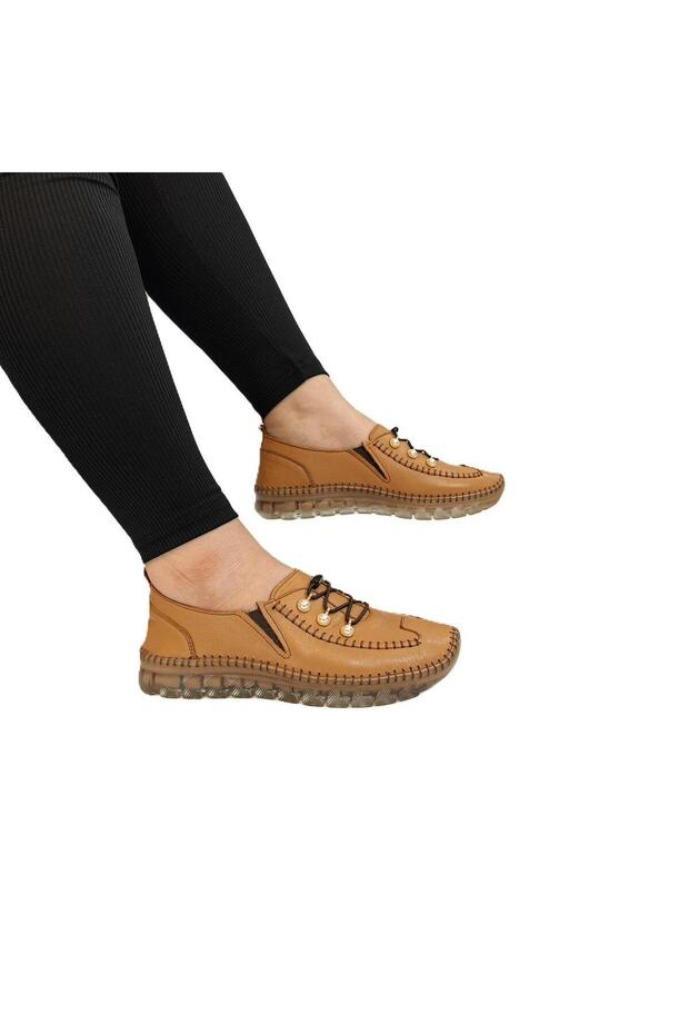 9871 Light Brown Genuine Leather Beaded Shoes