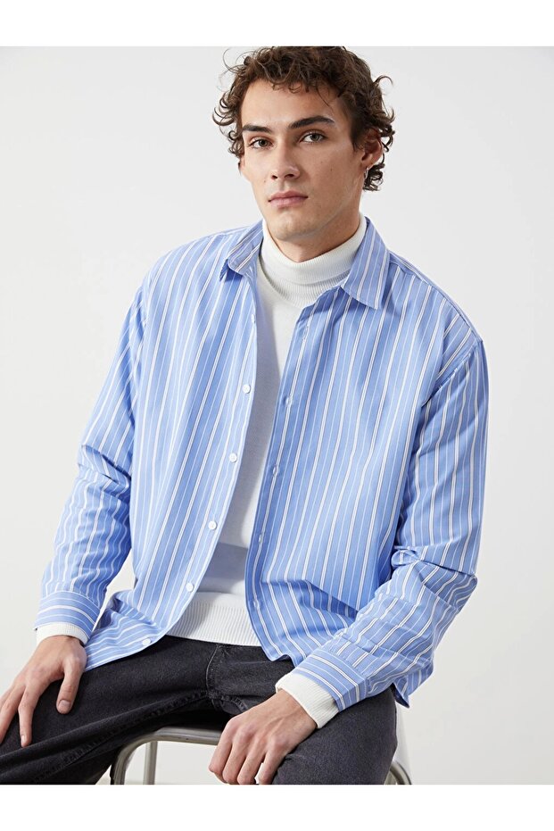 Xside Blue Casual Fit Long Sleeve Striped Men's Shirt