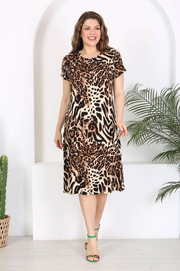 Kadın Kahve Siyah Leopar Desen Midi Elbise - 1