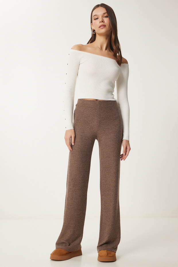 Wide Leg Comfortable Soft Trousers Brown Lub0073