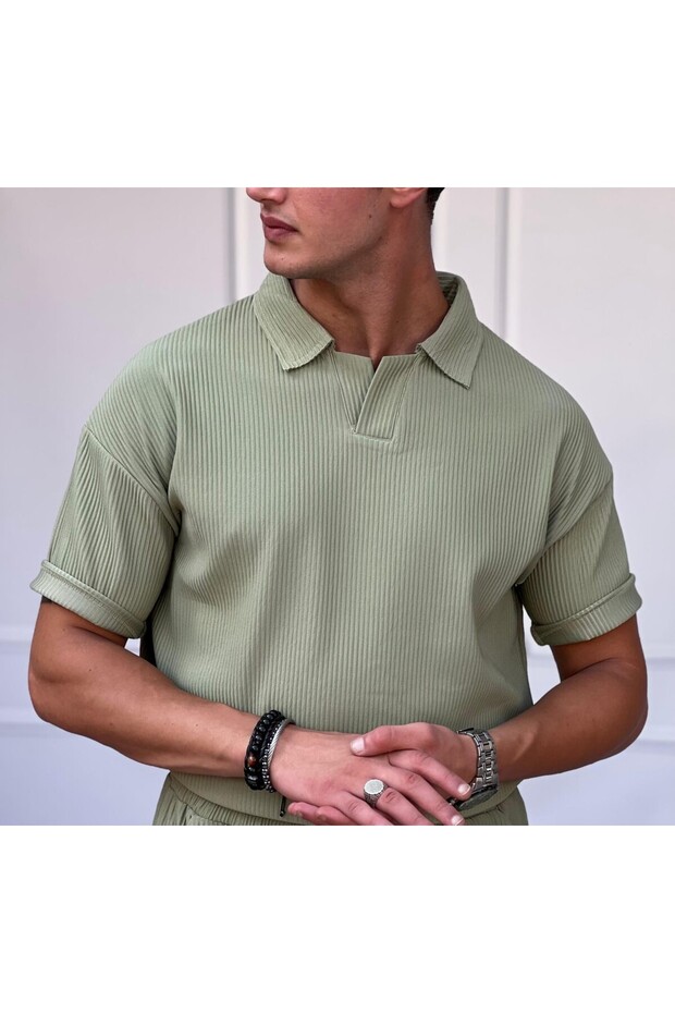 Men's Pistachio Green Twill Pattern Cut Neck Oversized T-Shirt