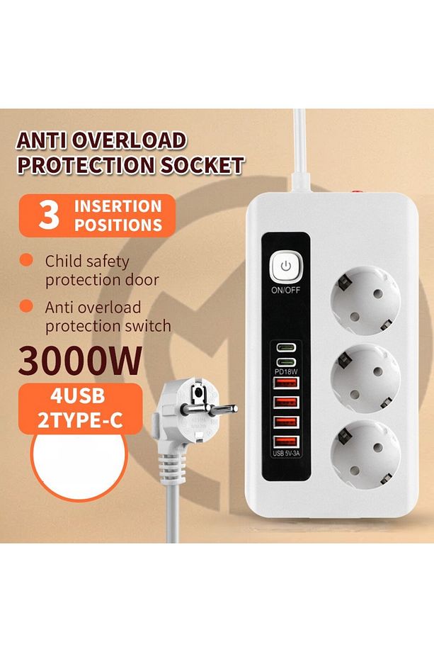 3 Lü PRİZ 3X Soket Termal Akım Korumalı Power Tuşlu 4x USB 2x Type-C Çıkışlı Kablolu Çoklu Priz - 2